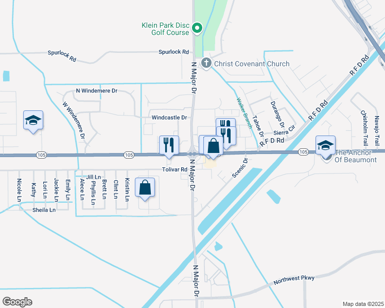 map of restaurants, bars, coffee shops, grocery stores, and more near Hwy 105 & N Major Dr in Beaumont