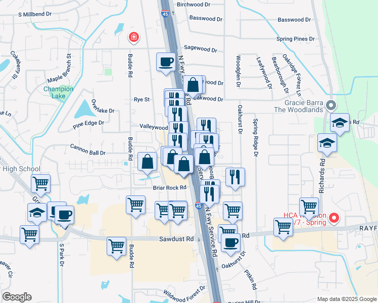 map of restaurants, bars, coffee shops, grocery stores, and more near 25645 Interstate 45 North in Spring