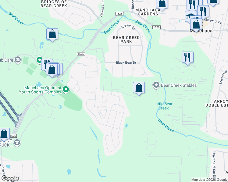 map of restaurants, bars, coffee shops, grocery stores, and more near 1624 Koala Street in Manchaca