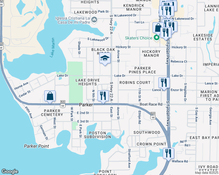 map of restaurants, bars, coffee shops, grocery stores, and more near 728 South Highway 22 A in Panama City