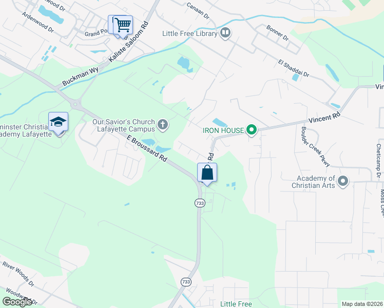 map of restaurants, bars, coffee shops, grocery stores, and more near 103 Wood Moss Way in Lafayette
