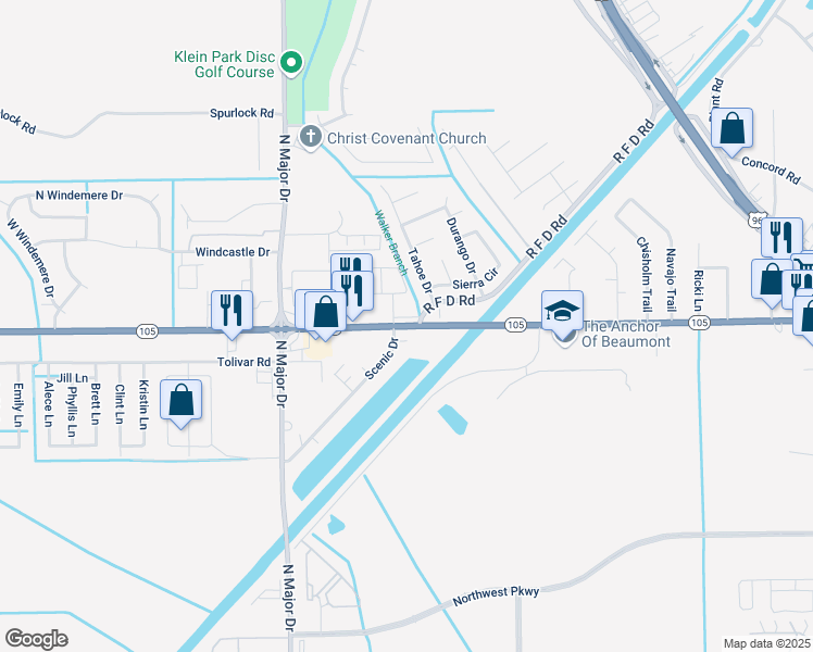 map of restaurants, bars, coffee shops, grocery stores, and more near 7150 Texas 105 in Beaumont