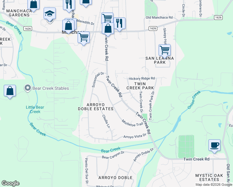 map of restaurants, bars, coffee shops, grocery stores, and more near 12412 Twin Creek Road in Manchaca