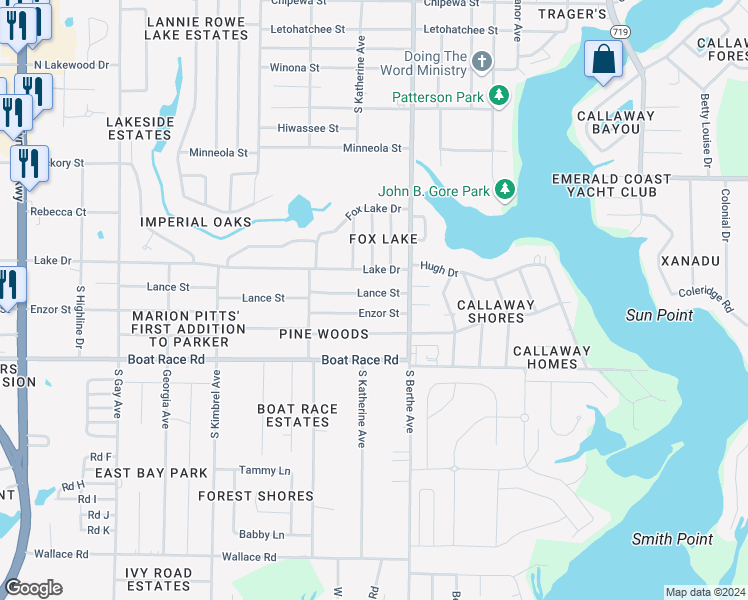 map of restaurants, bars, coffee shops, grocery stores, and more near 6628 Lance Street in Panama City