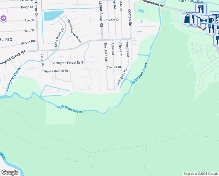 map of restaurants, bars, coffee shops, grocery stores, and more near 12886 Beaubien Road in Jacksonville