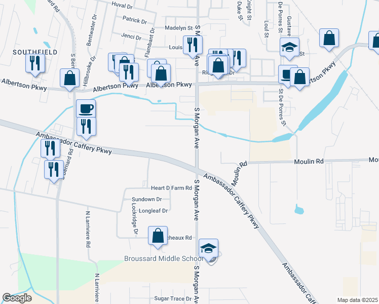 map of restaurants, bars, coffee shops, grocery stores, and more near 1026 South Morgan Avenue in Broussard