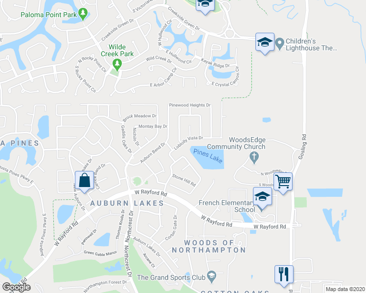 map of restaurants, bars, coffee shops, grocery stores, and more near 6415 Loblolly Vista Dr in Spring