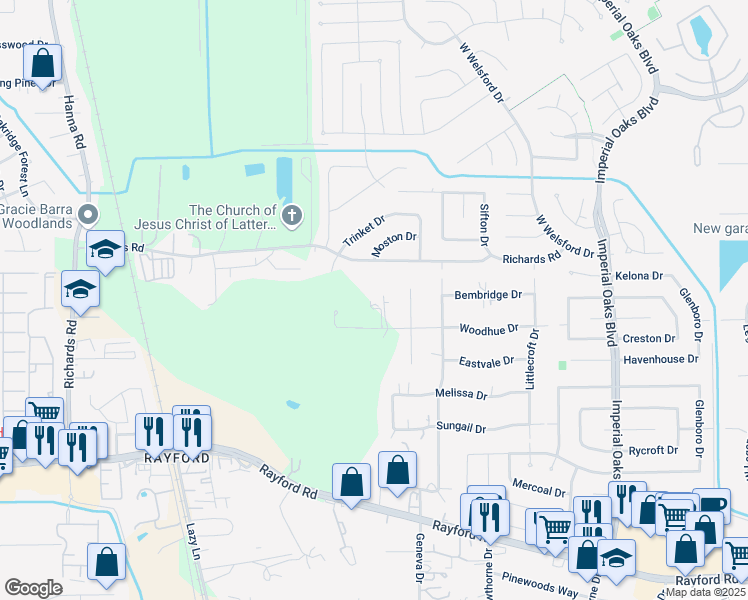 map of restaurants, bars, coffee shops, grocery stores, and more near 1521 Woodhue Drive in Spring