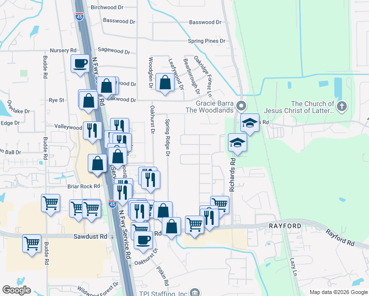 map of restaurants, bars, coffee shops, grocery stores, and more near 422 Carson Ridge Drive in Spring