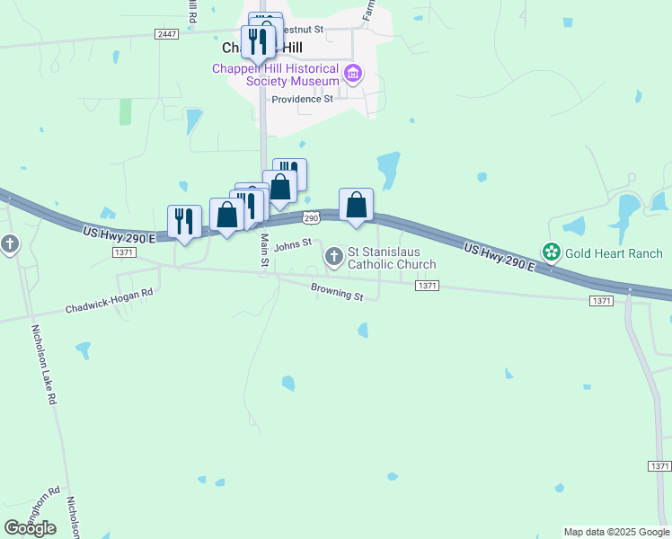 map of restaurants, bars, coffee shops, grocery stores, and more near 9175 Farm to Market 1371 in Chappell Hill
