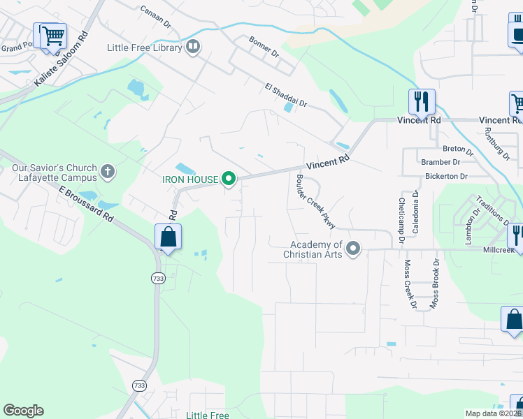 map of restaurants, bars, coffee shops, grocery stores, and more near 305 Solitaire Avenue in Lafayette