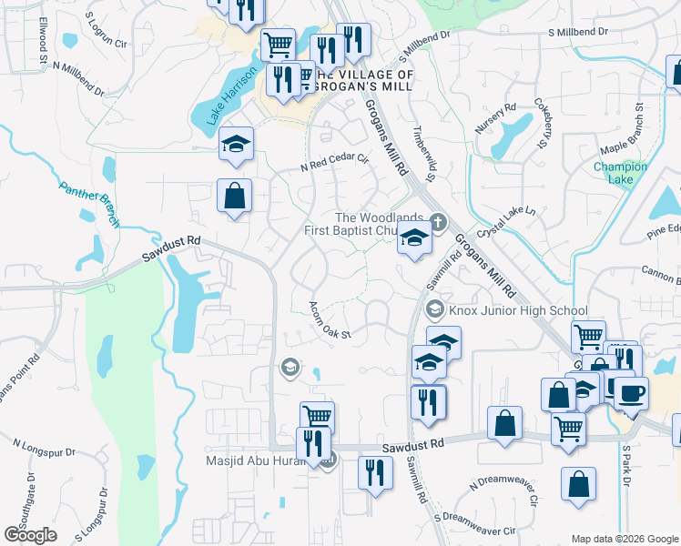 map of restaurants, bars, coffee shops, grocery stores, and more near 2306 Chestnut Oak Place in Spring