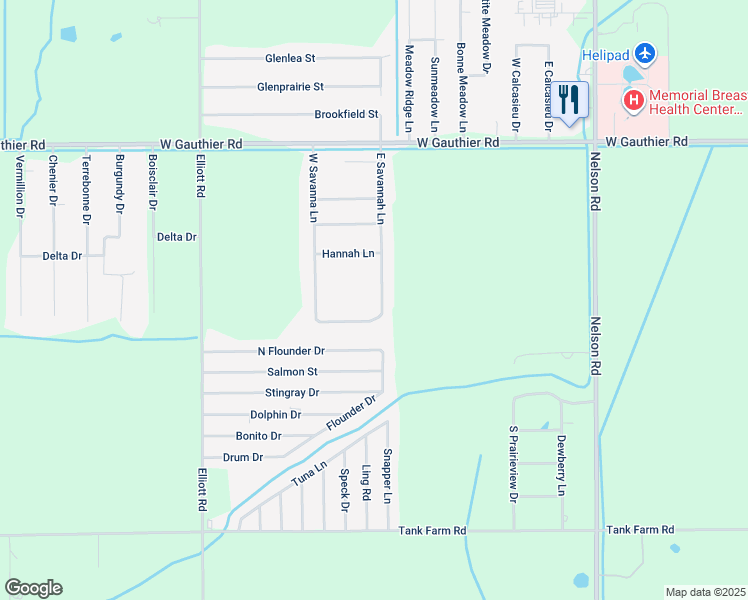 map of restaurants, bars, coffee shops, grocery stores, and more near 7253 E Savanna Ln in Lake Charles