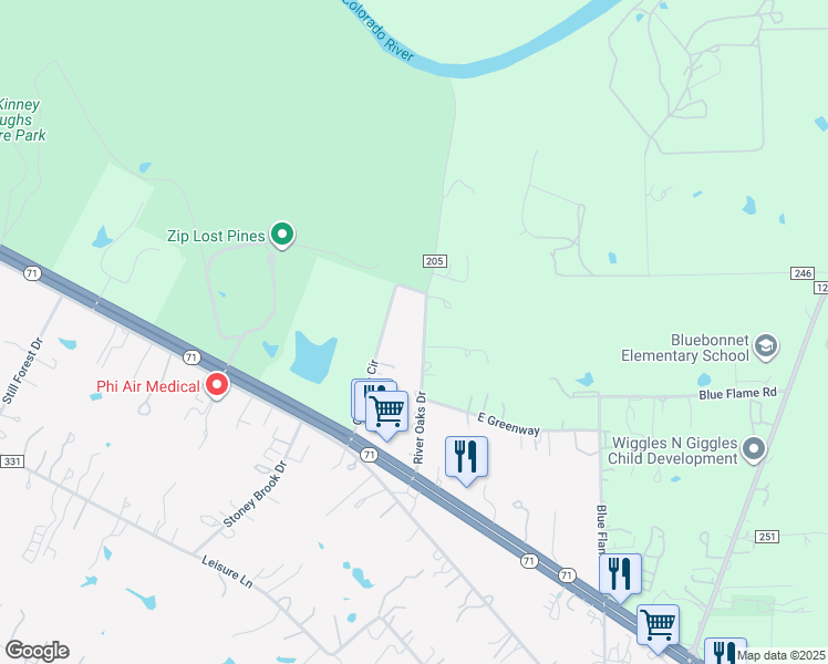 map of restaurants, bars, coffee shops, grocery stores, and more near 168 River Oaks Drive in Cedar Creek