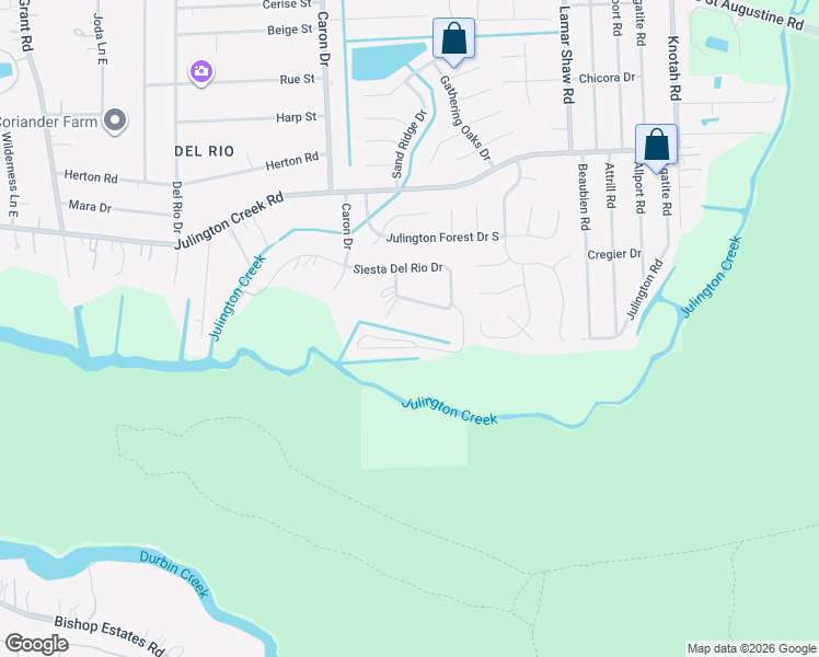 map of restaurants, bars, coffee shops, grocery stores, and more near 5167 Hide-A-Way Drive in Jacksonville