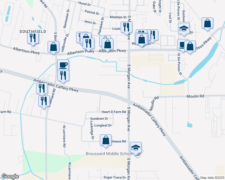 map of restaurants, bars, coffee shops, grocery stores, and more near 6501 Ambassador Caffery Parkway in Broussard