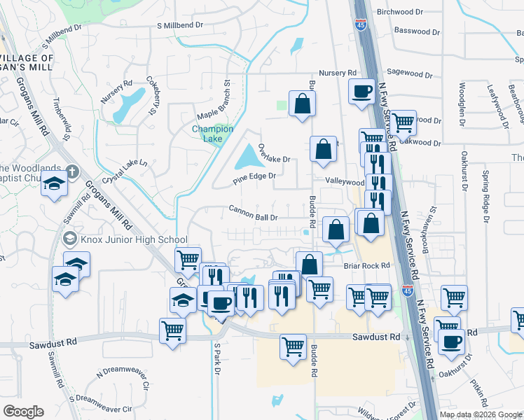 map of restaurants, bars, coffee shops, grocery stores, and more near 25611 Pine Acres Circle in Spring