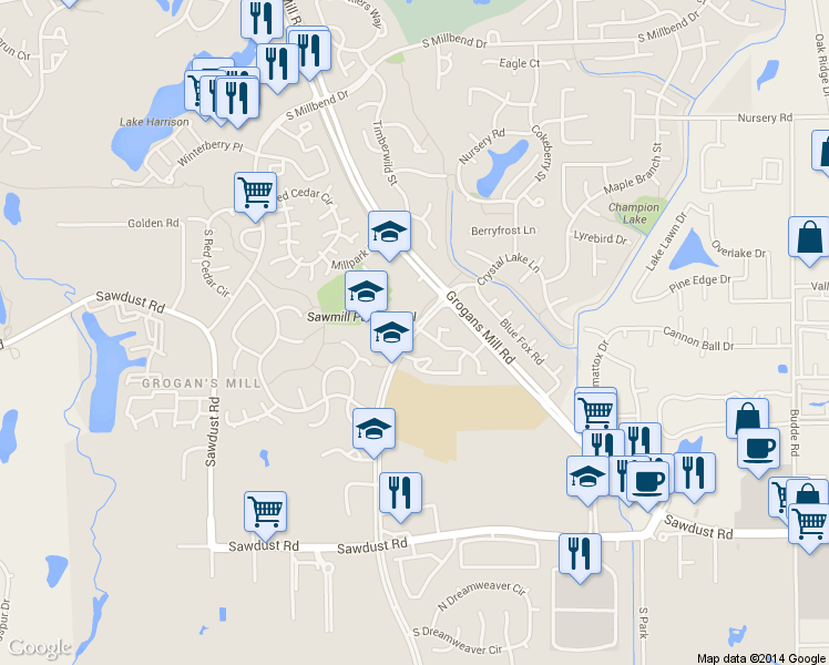 map of restaurants, bars, coffee shops, grocery stores, and more near 12051 Sawmill Road in The Woodlands