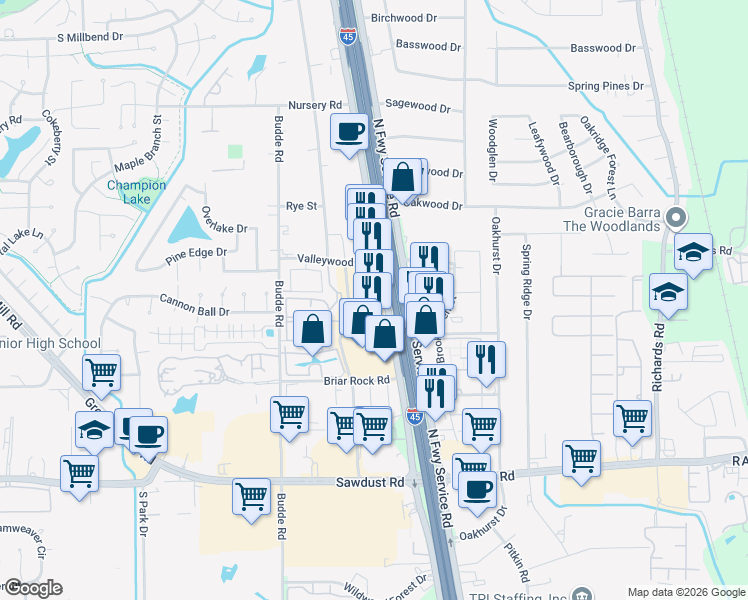 map of restaurants, bars, coffee shops, grocery stores, and more near 25619 North Freeway Service Road in Spring