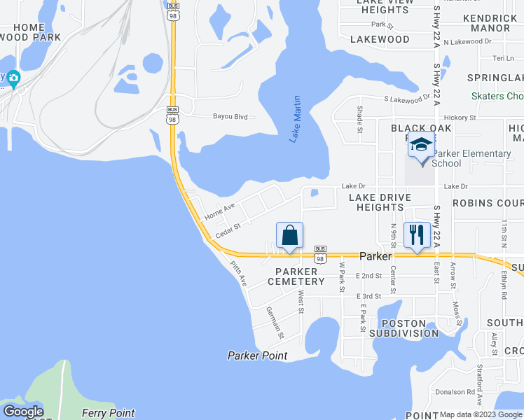 map of restaurants, bars, coffee shops, grocery stores, and more near 4559 Cedar Street in Parker