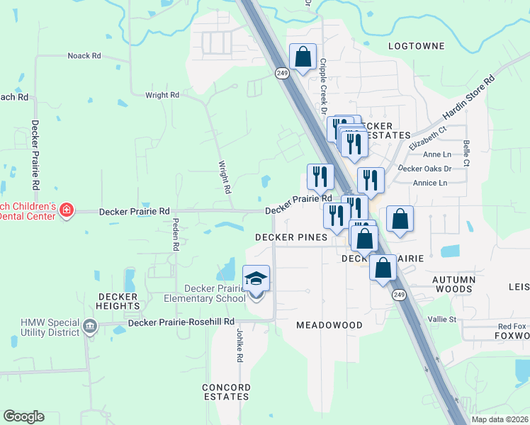 map of restaurants, bars, coffee shops, grocery stores, and more near 32222 Decker Prairie Road in Magnolia