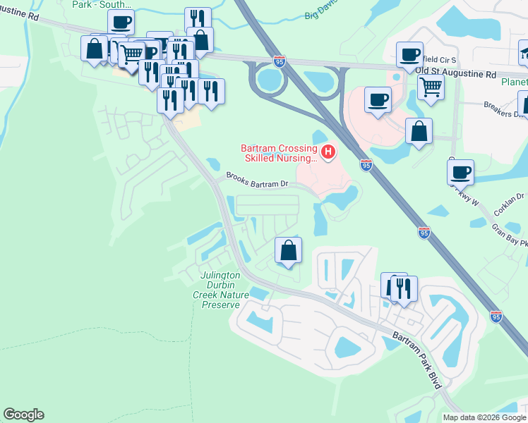 map of restaurants, bars, coffee shops, grocery stores, and more near 6157 Eclipse Circle in Jacksonville