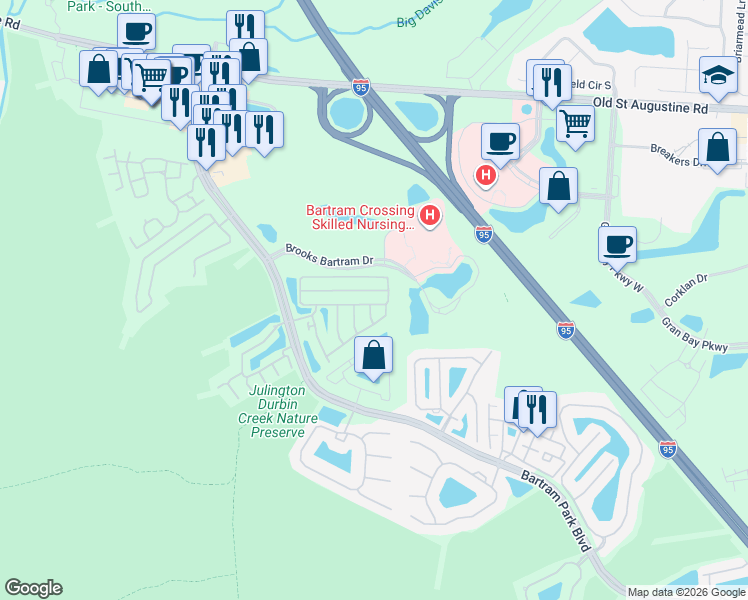map of restaurants, bars, coffee shops, grocery stores, and more near 6217 Eclipse Circle in Jacksonville