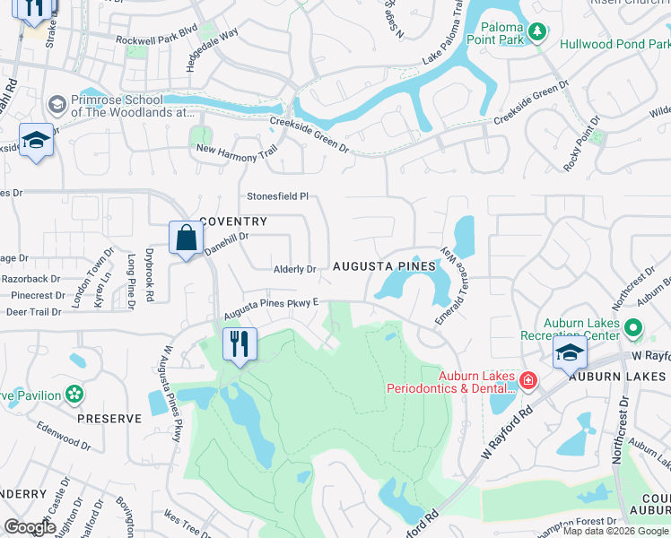 map of restaurants, bars, coffee shops, grocery stores, and more near 25802 Marshbrook Lane in Spring