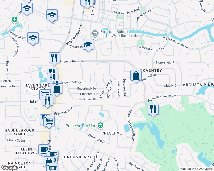 map of restaurants, bars, coffee shops, grocery stores, and more near 25929 London Town Drive in Spring