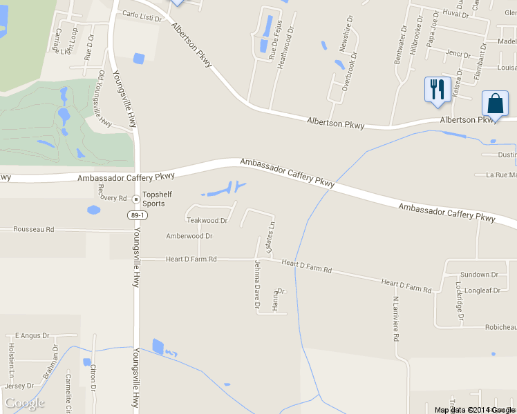 map of restaurants, bars, coffee shops, grocery stores, and more near 124 Estates Lane in Youngsville