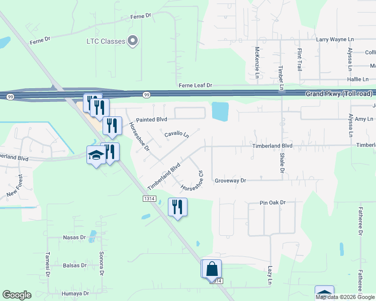 map of restaurants, bars, coffee shops, grocery stores, and more near 19081 Timberland Boulevard in Montgomery County