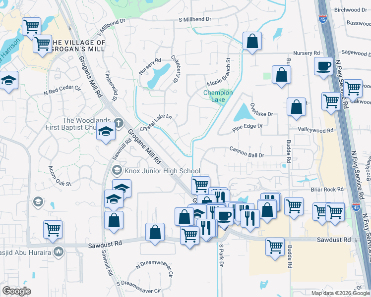 map of restaurants, bars, coffee shops, grocery stores, and more near 85 Crystal Lake Lane in Spring