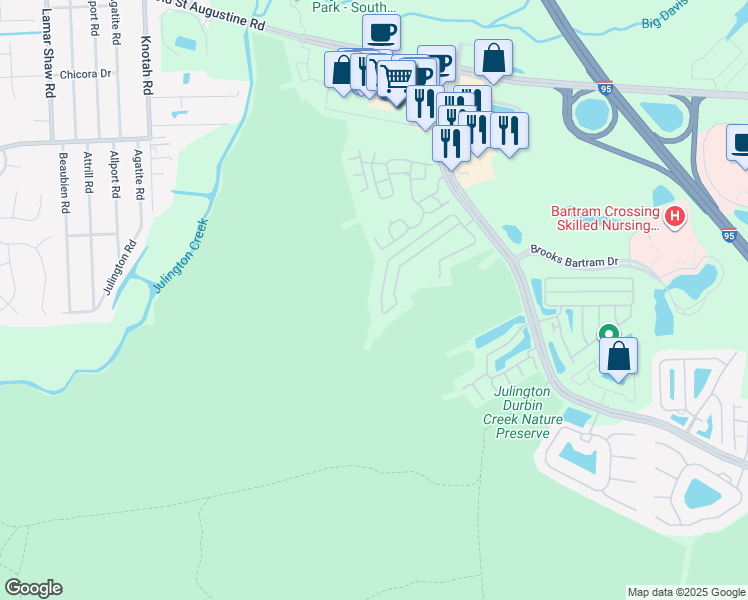 map of restaurants, bars, coffee shops, grocery stores, and more near 5677 Parkstone Crossing Drive in Jacksonville