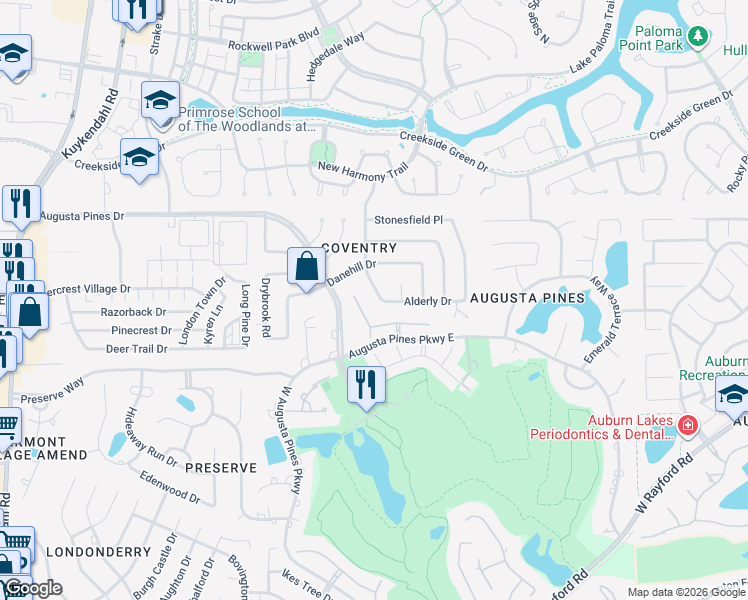 map of restaurants, bars, coffee shops, grocery stores, and more near 25807 Brickhill Drive in Spring