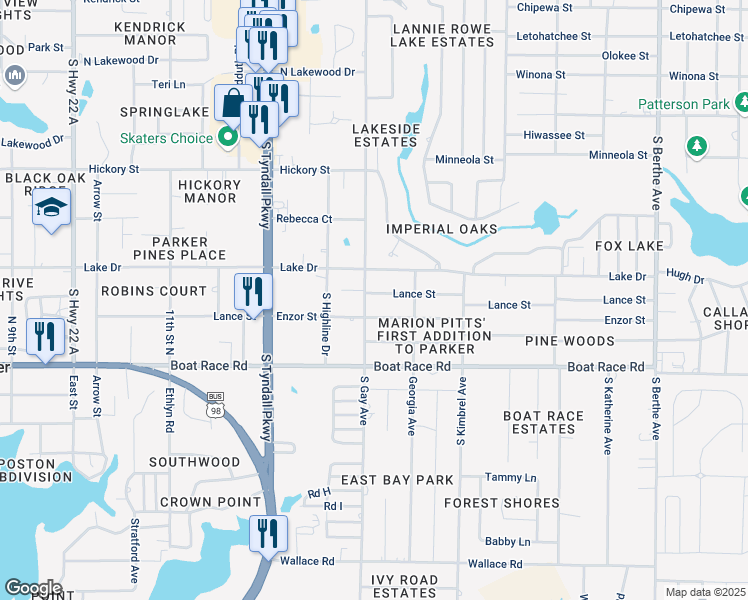 map of restaurants, bars, coffee shops, grocery stores, and more near 5910 Lance Street in Panama City