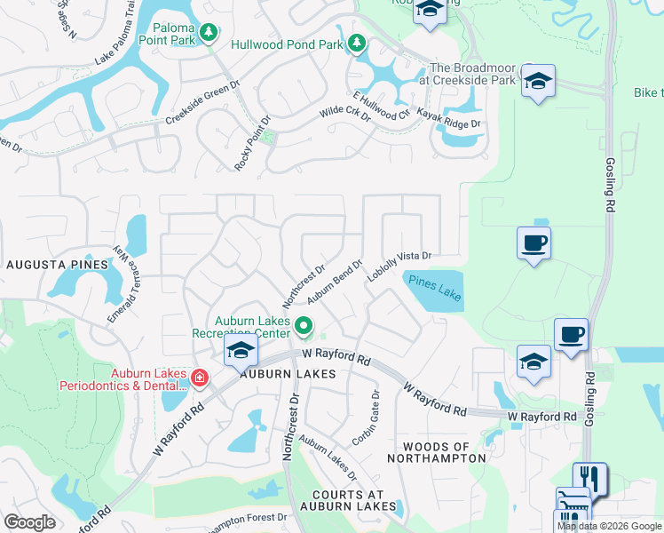 map of restaurants, bars, coffee shops, grocery stores, and more near 25730 Northcrest Drive in Spring