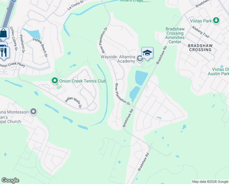 map of restaurants, bars, coffee shops, grocery stores, and more near 11024 River Plantation Drive in Austin