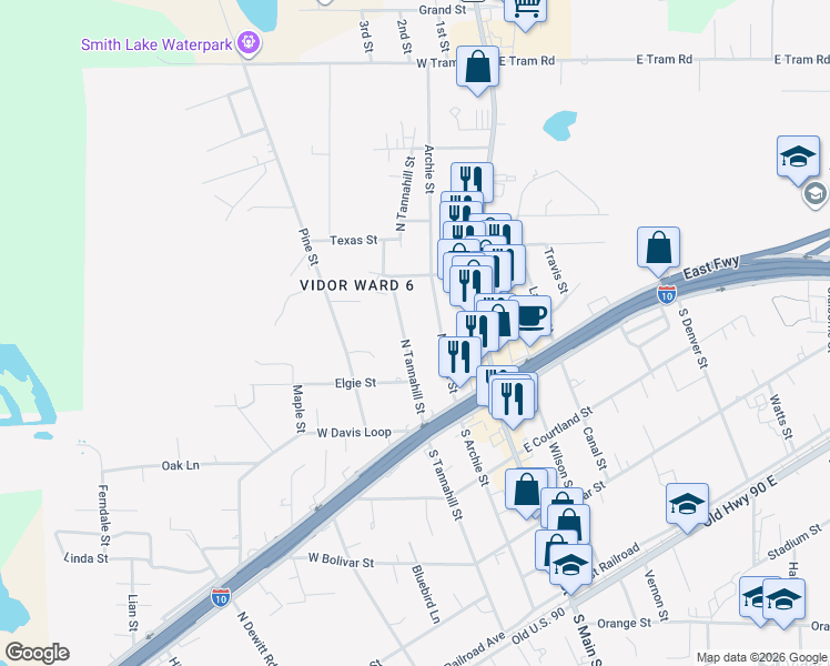 map of restaurants, bars, coffee shops, grocery stores, and more near 880 N Tannahill St in Vidor