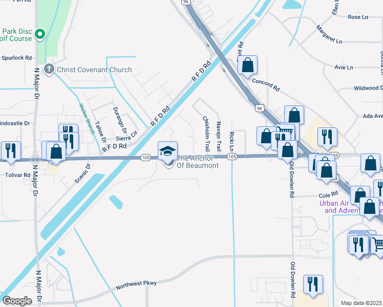 map of restaurants, bars, coffee shops, grocery stores, and more near 5915 Bedford Drive in Beaumont