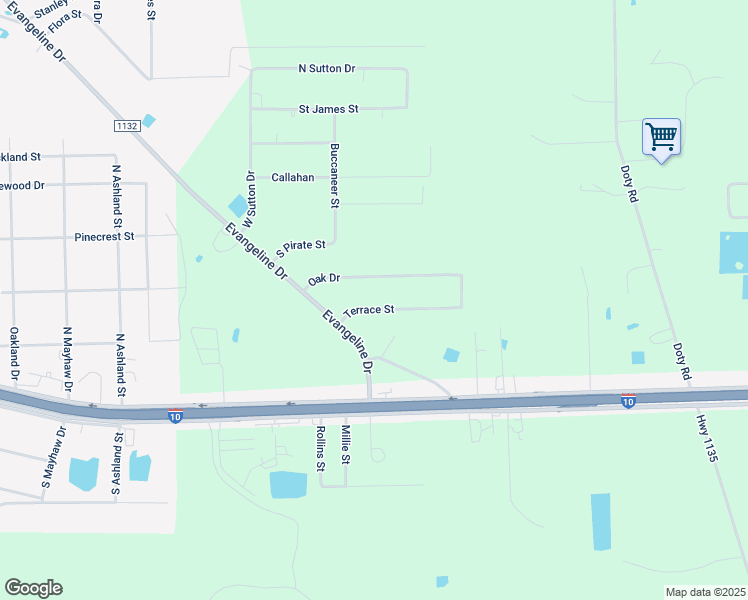 map of restaurants, bars, coffee shops, grocery stores, and more near 4135 Terrace Street in Vidor