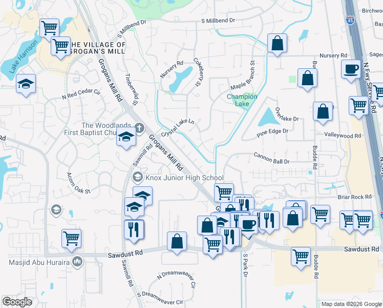 map of restaurants, bars, coffee shops, grocery stores, and more near 6 Red Deer Lane in Spring