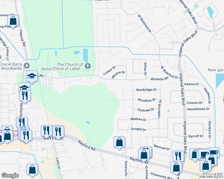 map of restaurants, bars, coffee shops, grocery stores, and more near 1521 Woodhue Drive in Spring
