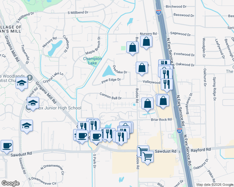 map of restaurants, bars, coffee shops, grocery stores, and more near 25611 Pine Acres Circle in Spring
