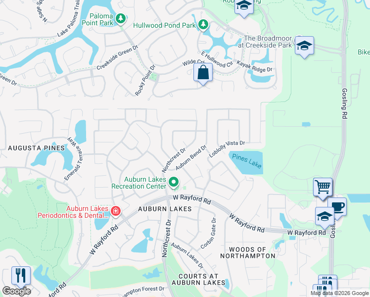 map of restaurants, bars, coffee shops, grocery stores, and more near 25730 Northcrest Dr in Spring