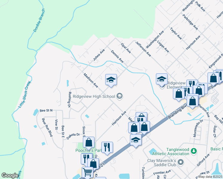 map of restaurants, bars, coffee shops, grocery stores, and more near 466 Madison Avenue in Orange Park
