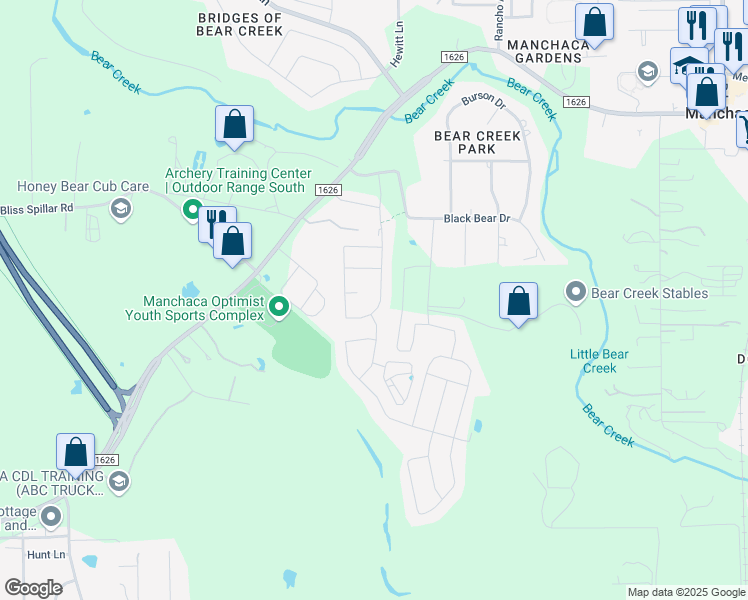 map of restaurants, bars, coffee shops, grocery stores, and more near 13132 Olivers Way in Manchaca