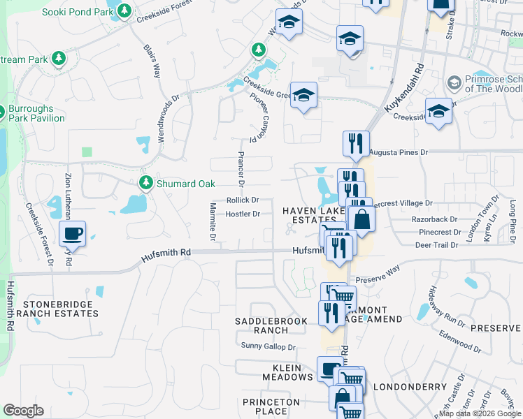 map of restaurants, bars, coffee shops, grocery stores, and more near 8714 Hostler Drive in Tomball