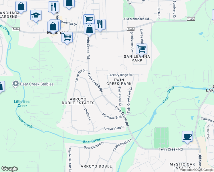 map of restaurants, bars, coffee shops, grocery stores, and more near 600 Sparkle Drive in Manchaca