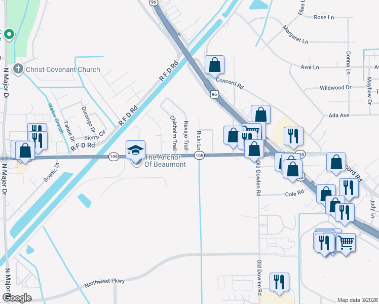 map of restaurants, bars, coffee shops, grocery stores, and more near 5910 Navajo Trail in Beaumont