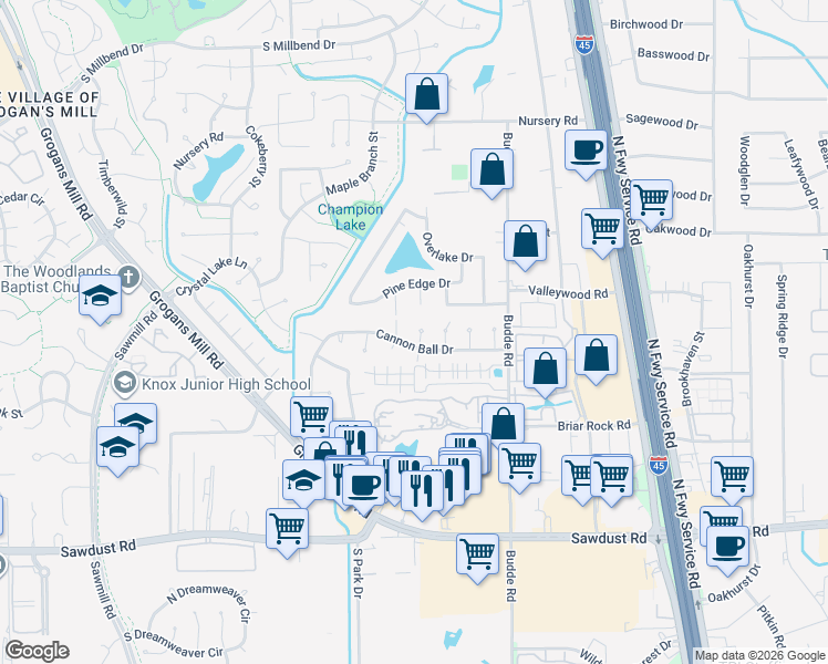 map of restaurants, bars, coffee shops, grocery stores, and more near 25607 Yellow Pine Lane in Spring